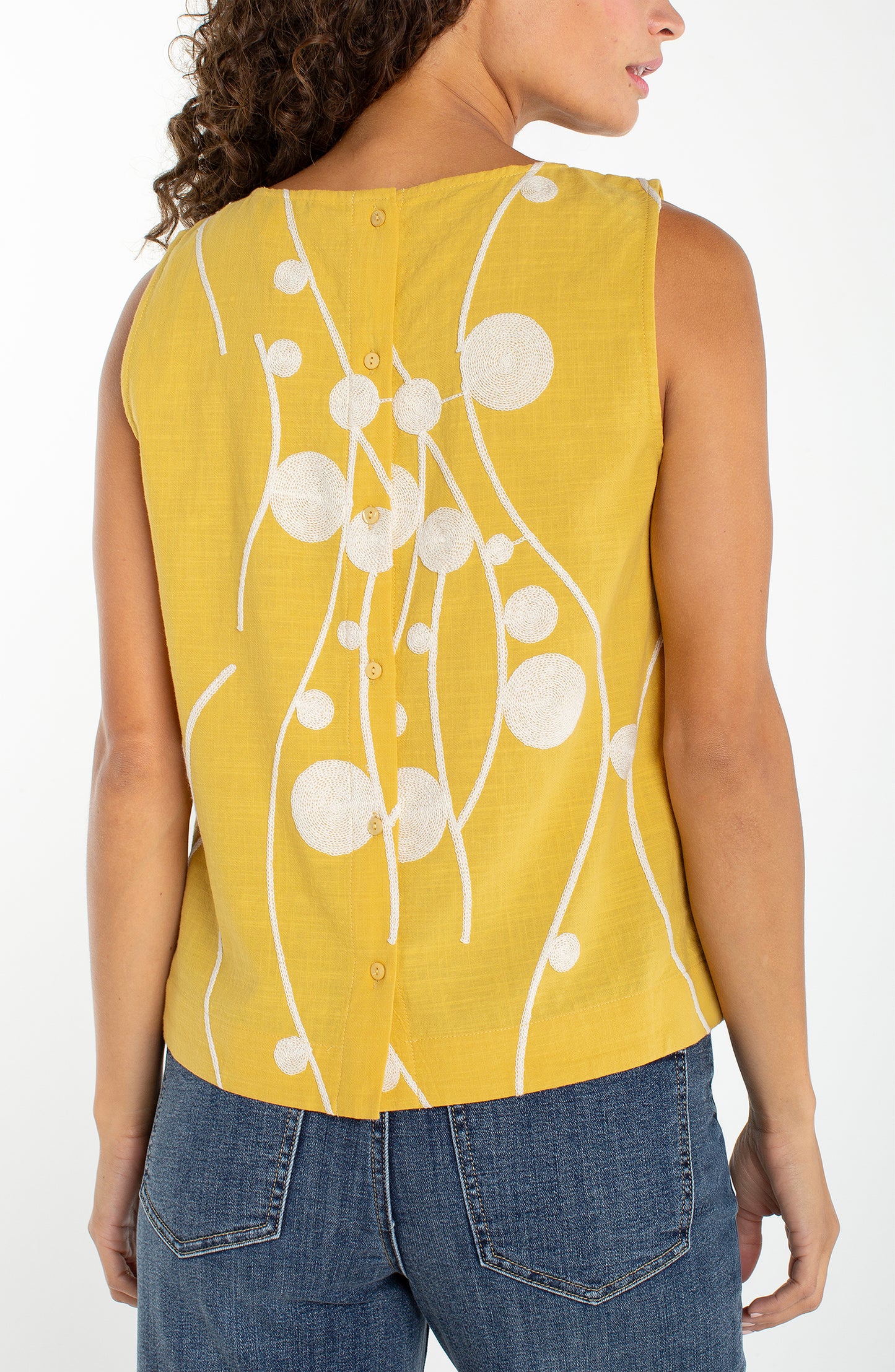 Blouse--"Island", Sleeveless, Back Buttons, Yellow w/Cream (Liverpool LA)