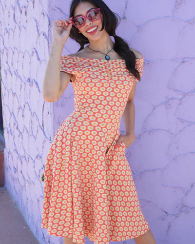 Dress--"Venice", Bardot/Bandeau neckline, Cotton Jersey Knit, "Chamomile"--Coral (Effie's Heart) (Copy)