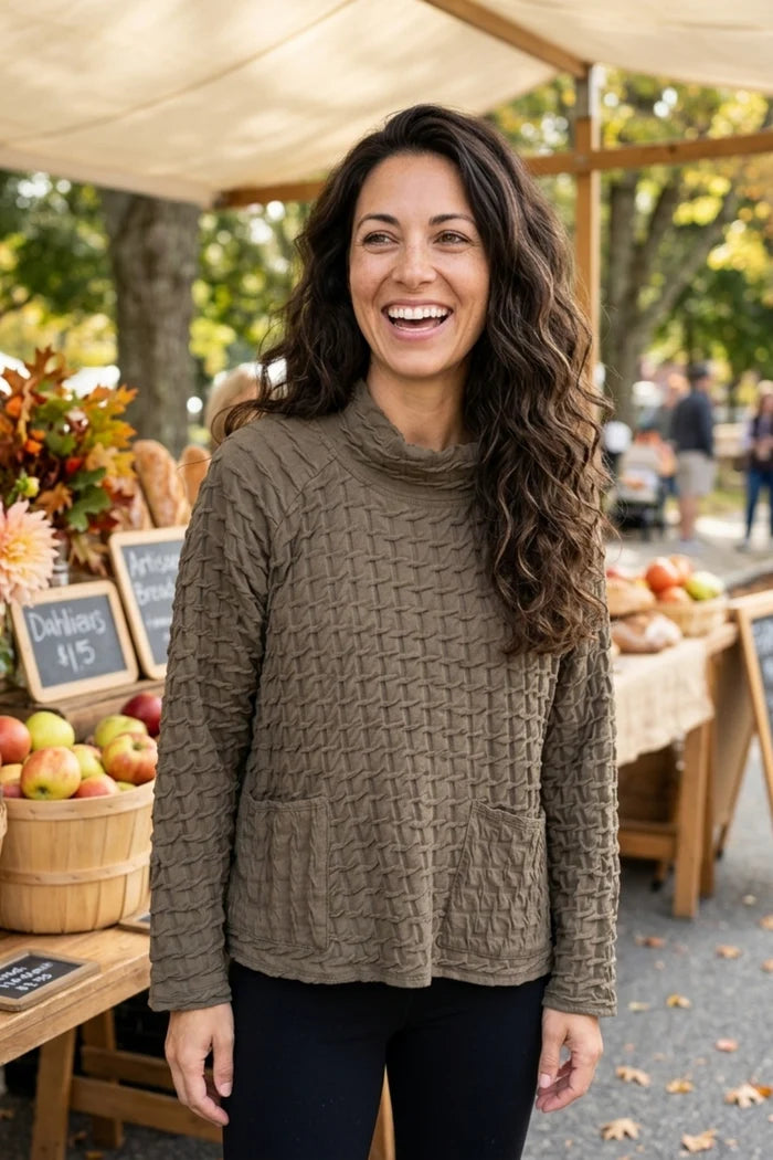 Sweater--"Aspen Pullover", Mock Neck, Patch Pocket, Cotton, UMBER (Habitat)