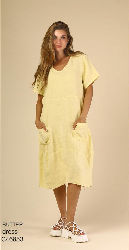 Dress--Pockets, Soft V-Neck, Linen, INK (Fenini)