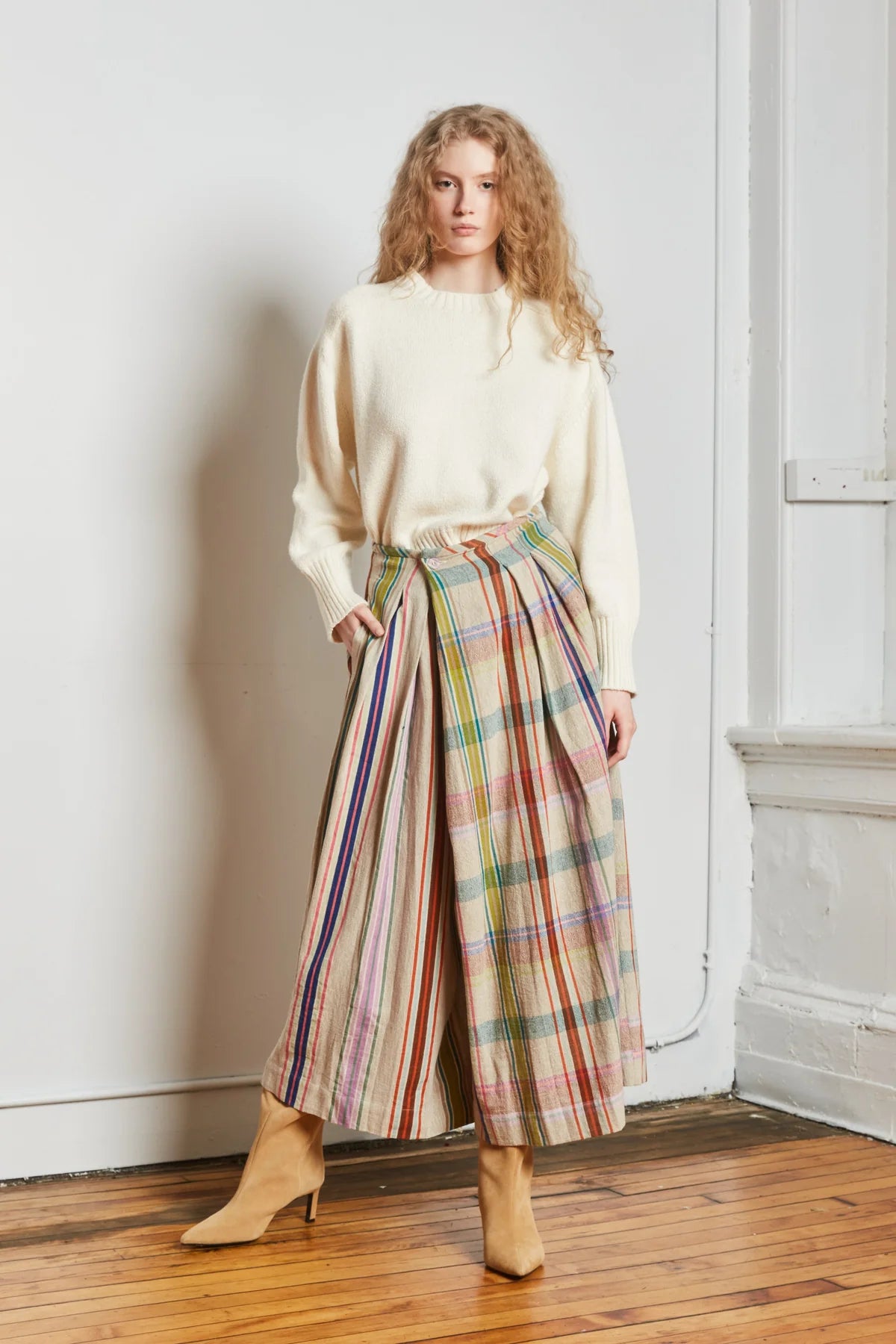 Pants--"Frida", High-waist, Pleated/Adjustable, Cotton, "Kulfi Chex" (Rujuta Sheth)