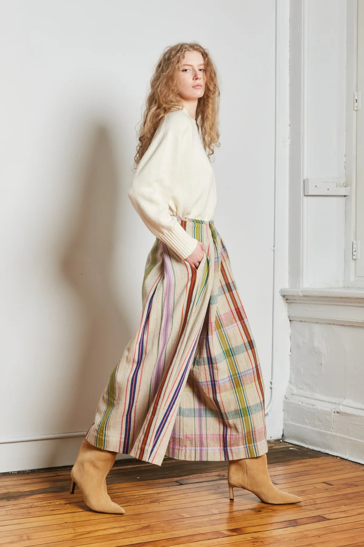 Pants--"Frida", High-waist, Pleated/Adjustable, Cotton, "Kulfi Chex" (Rujuta Sheth)