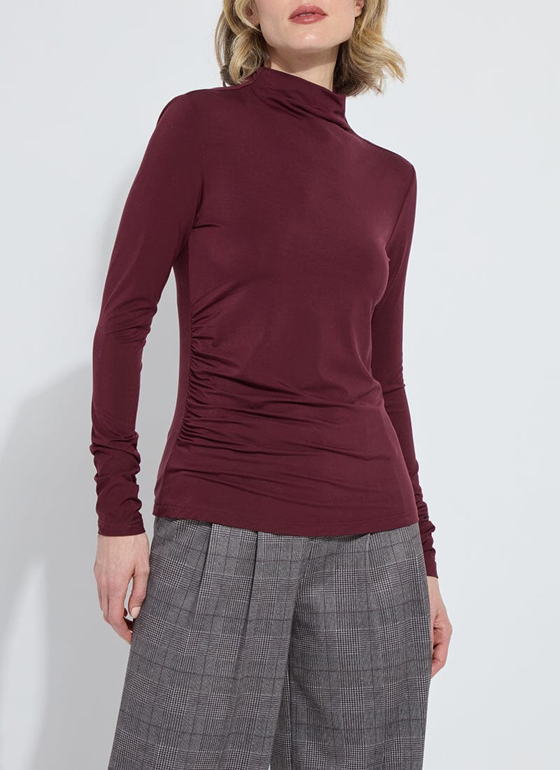 Top--"Jovita", Mock Turtleneck, Shirring, Plum (Lysse)