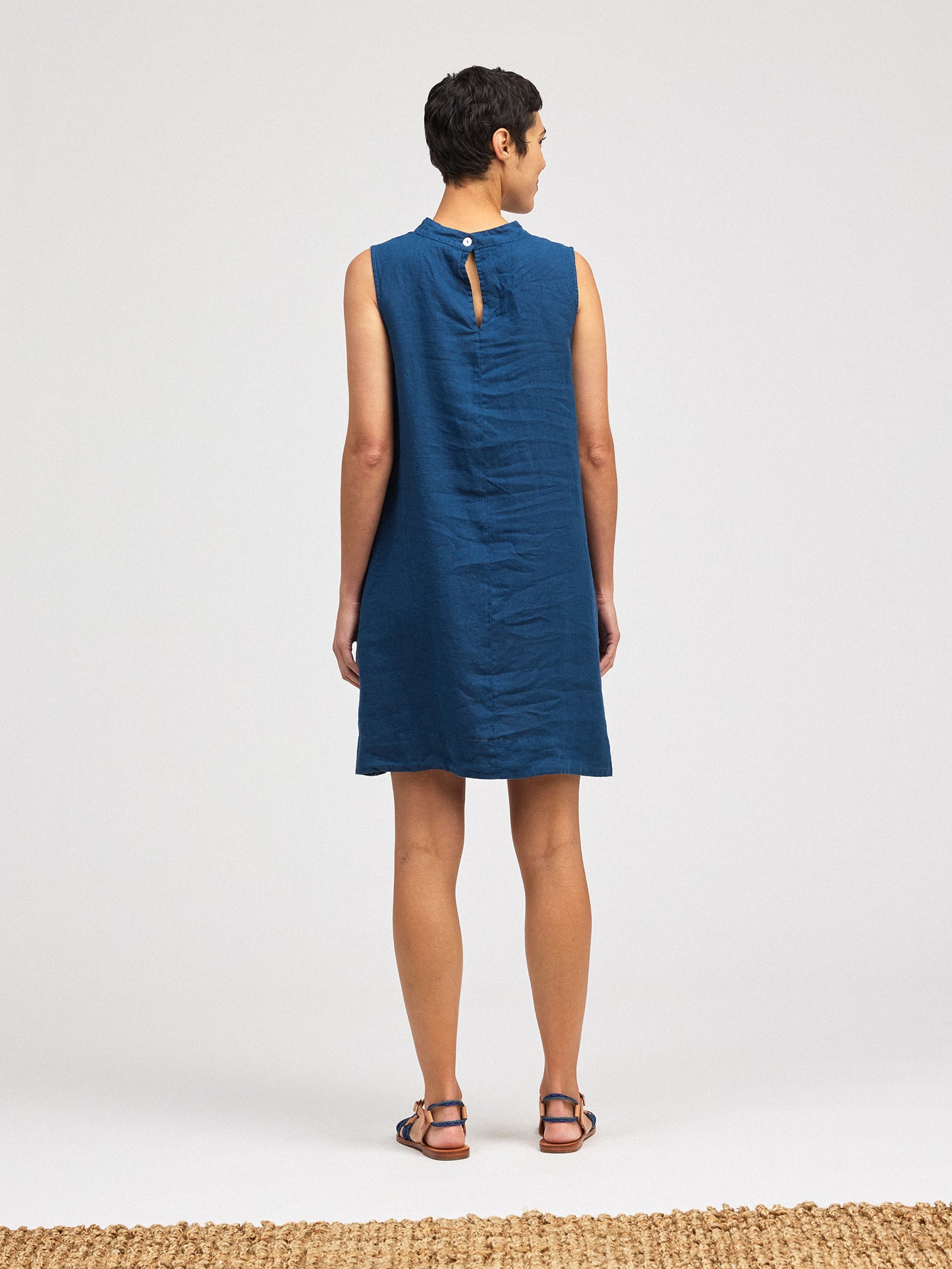 Dress--Mock Collar, Sleeveless, Linen, Cherry OR Vivid Blue (Cut Loose)