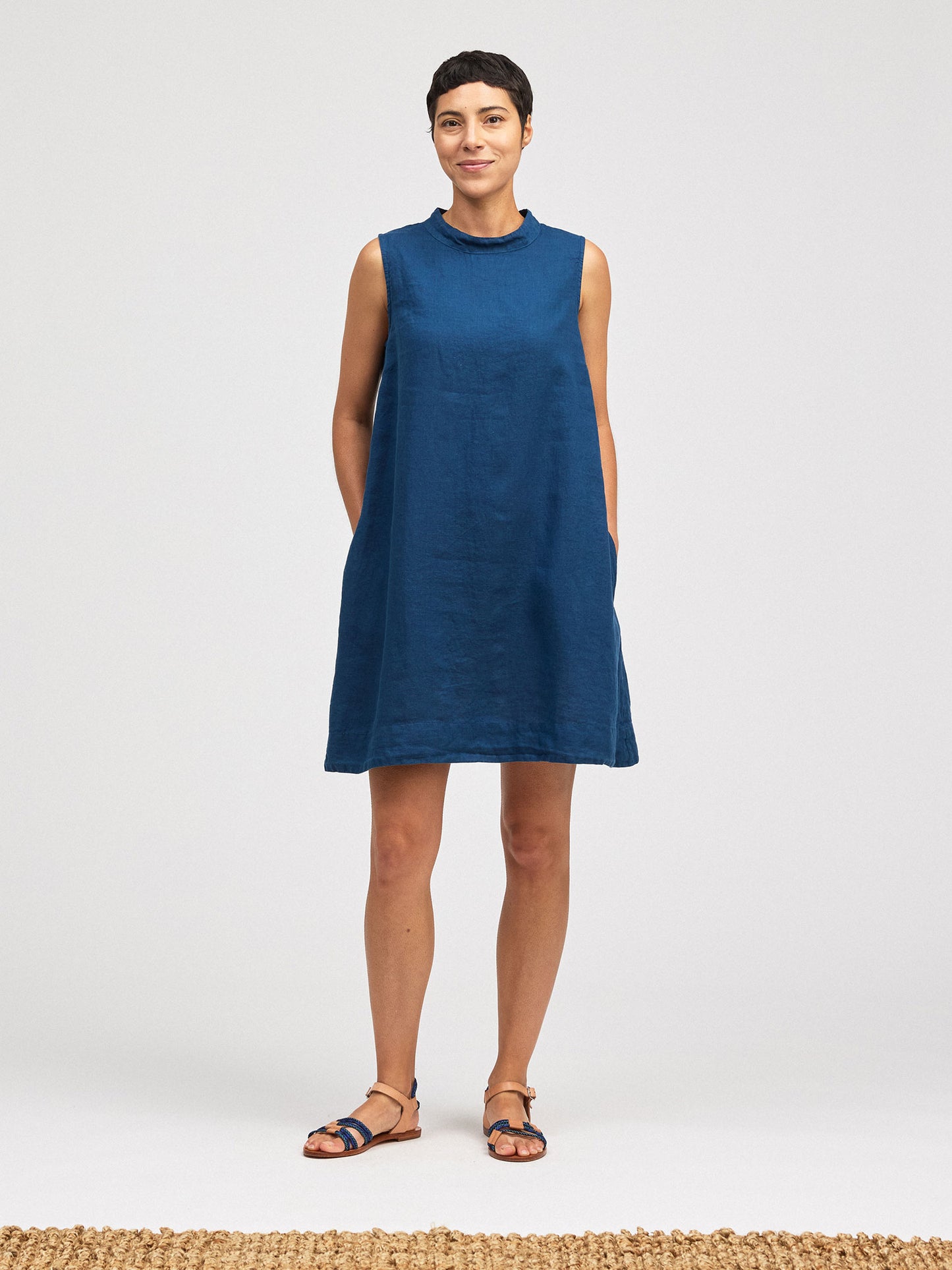 Dress--Mock Collar, Sleeveless, Linen, Cherry OR Vivid Blue (Cut Loose)
