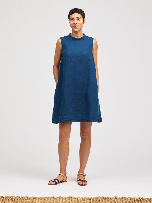 Dress--Mock Collar, Sleeveless, Linen, Cherry OR Vivid Blue (Cut Loose)