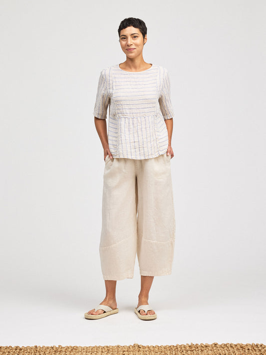 Top--Elbow-Length Sleeves, Linen, SEERSUCKER--Bellflower OR Jicama (Cut Loose)