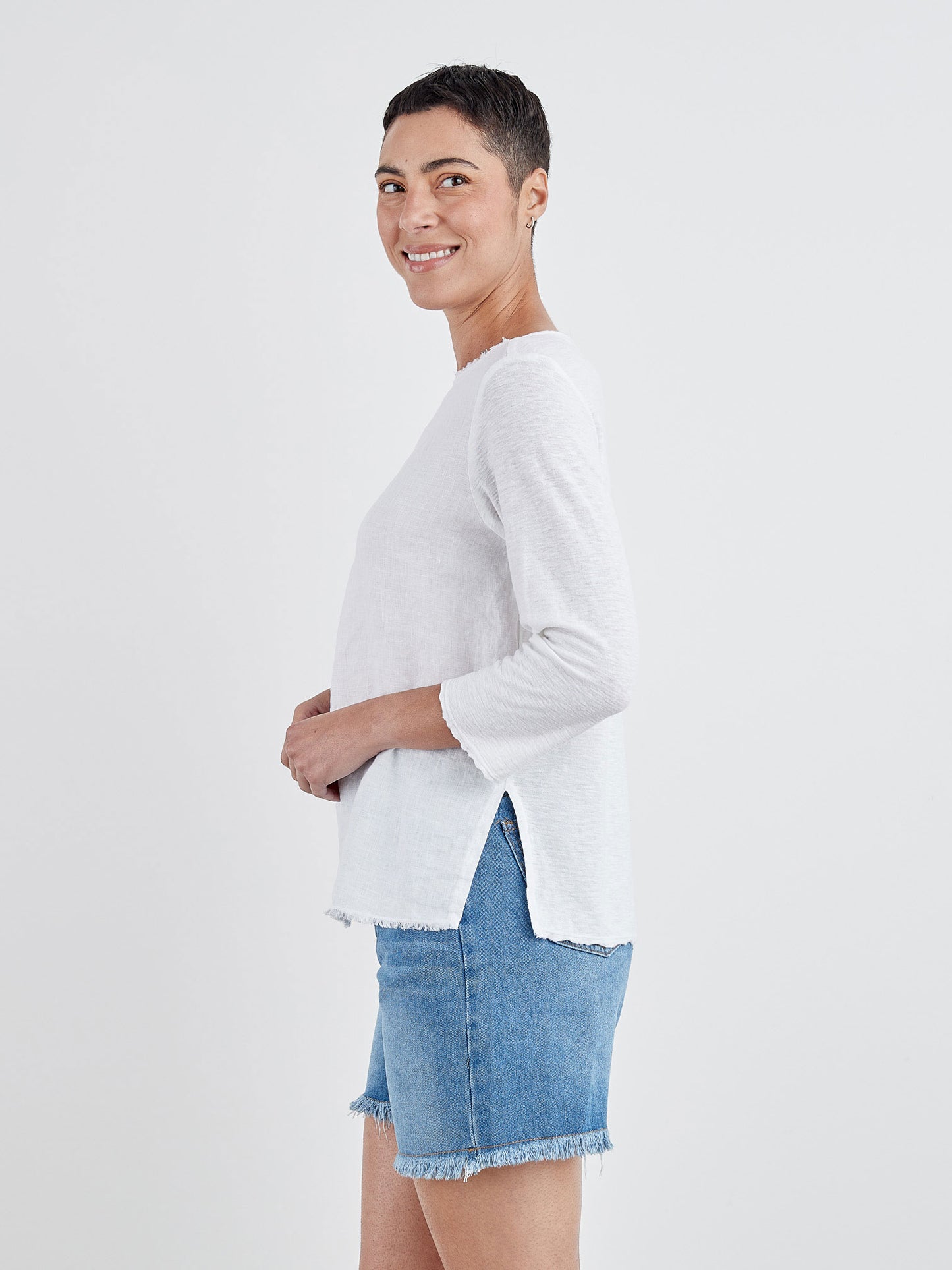 Top--Raw Edges, 3/4 Slv PLAIN, Linen-Linen, 3 Colors (Cut Loose)