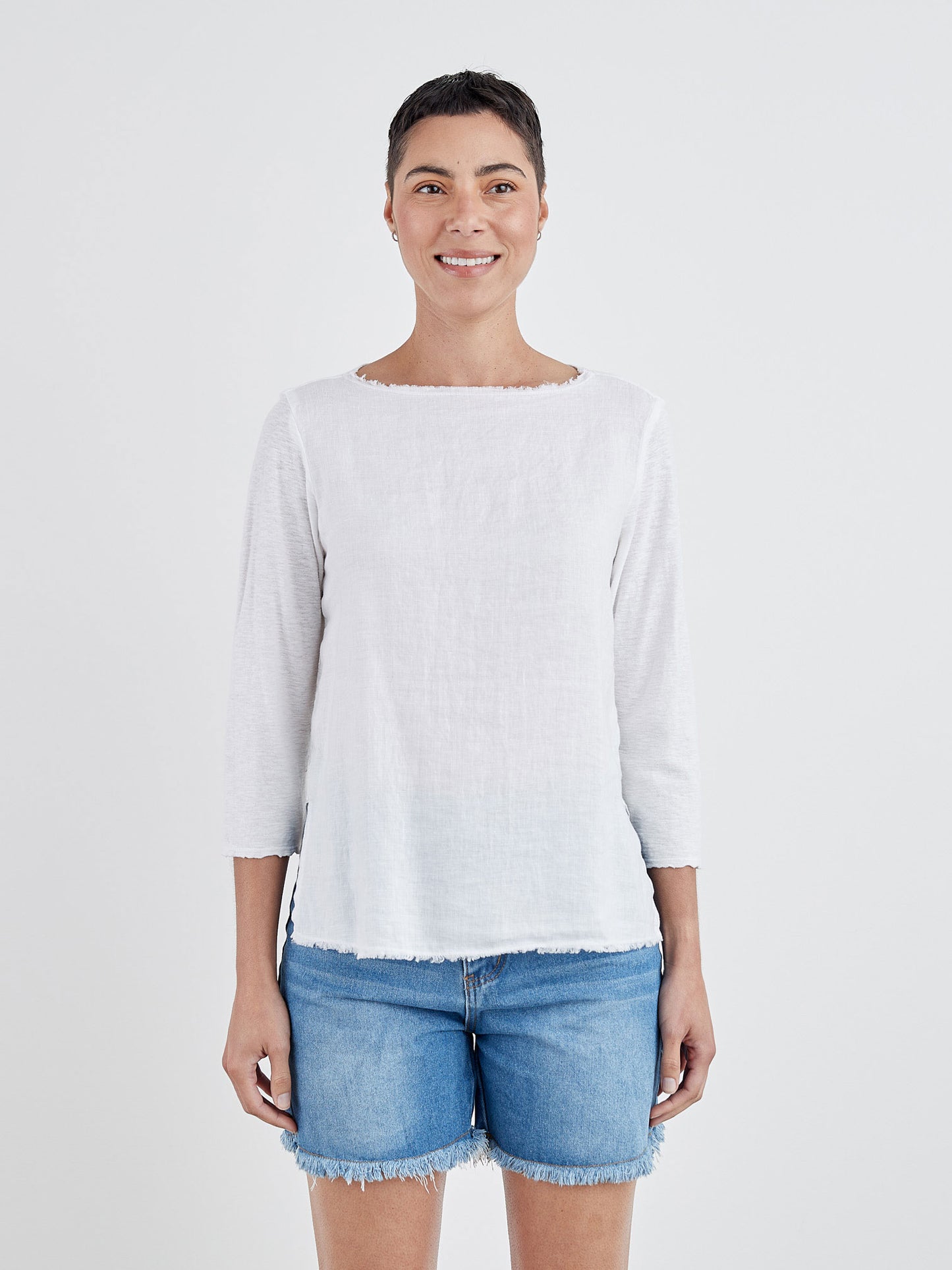 Top--Raw Edges, 3/4 Slv PLAIN, Linen-Linen, 3 Colors (Cut Loose)