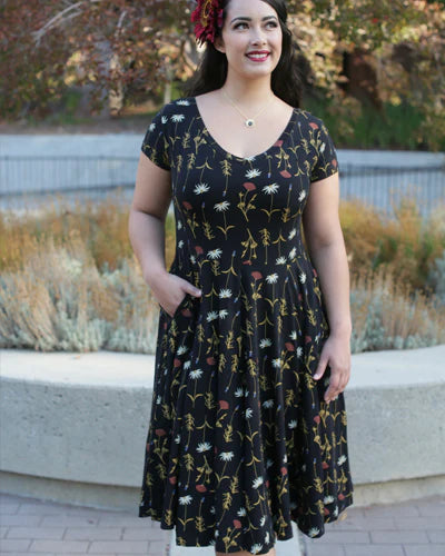 Dress--"Sadie", Scoop Neckline, Cap Sleeve, Cotton Jersey Knit, "Grow"--Black(Effie's Heart)