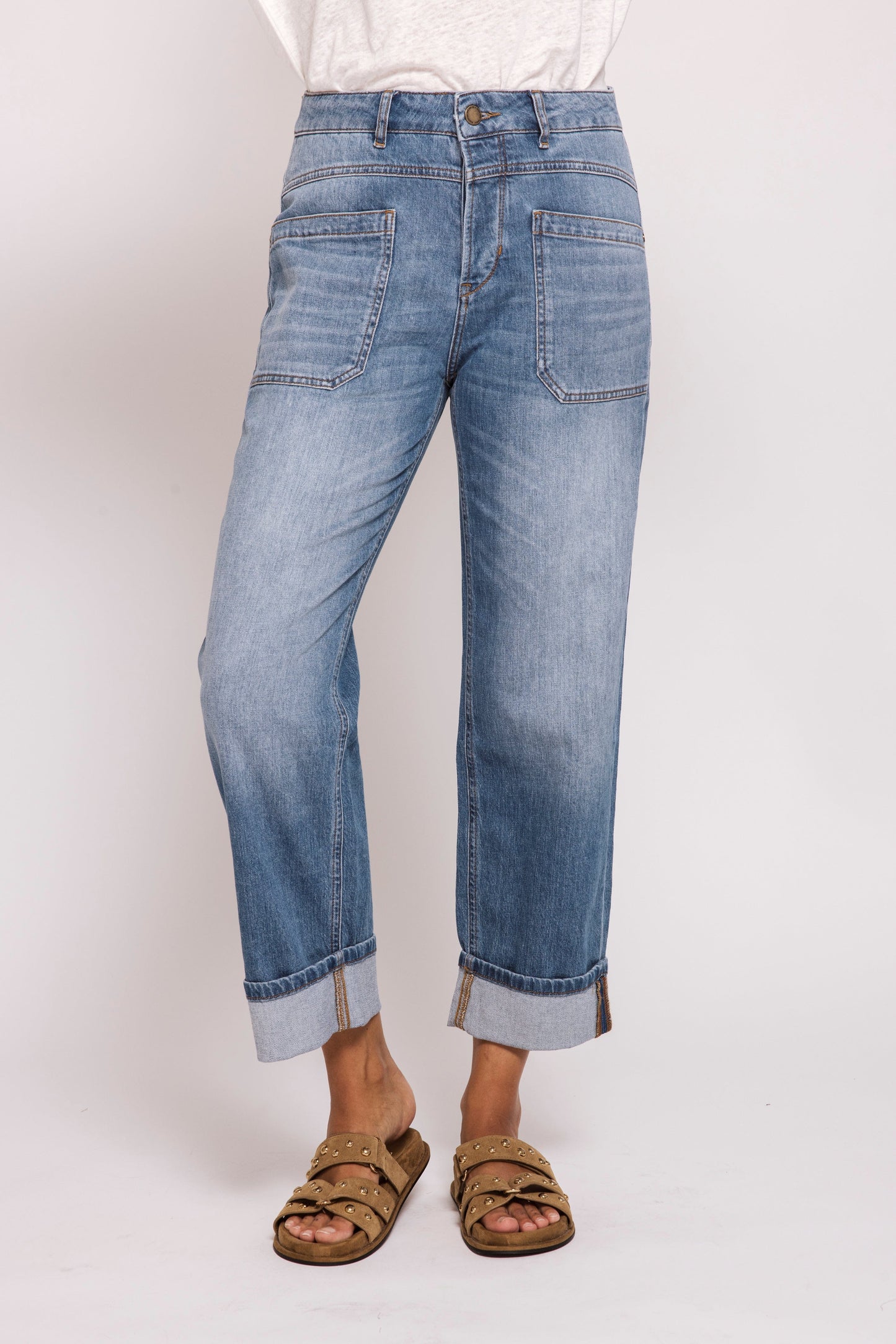 Jeans--"ZHKarli", Cuffed, Patch Pockets, Mid-Blue (Zhrill)