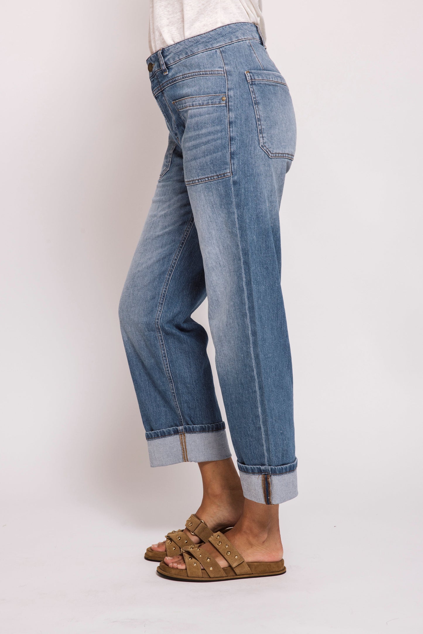 Jeans--"ZHKarli", Cuffed, Patch Pockets, Mid-Blue (Zhrill)