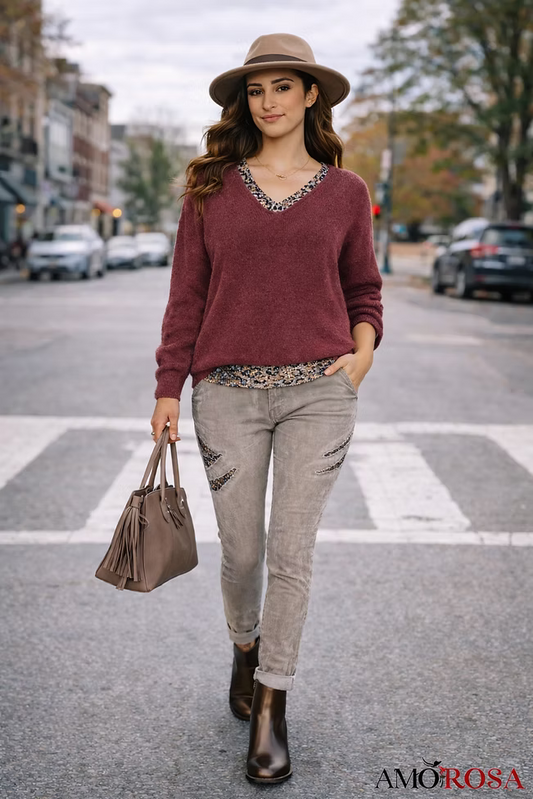 Top--Sweater, V-Neck, Long-Sleeved, 3 Colors (Amorosa)