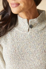 Sweater--"Speckled". Mock Funnel Neck w/Button Closure, Winter White (Habitat)