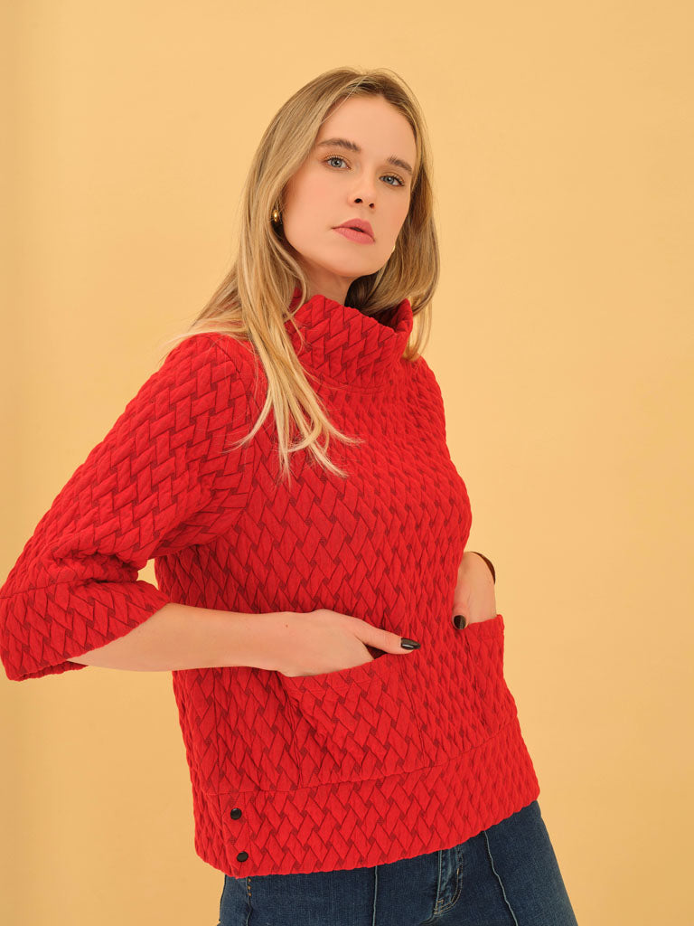 Pullover--Funnel neck, Knit, "Basketweave"--Brown (Dolcezza)