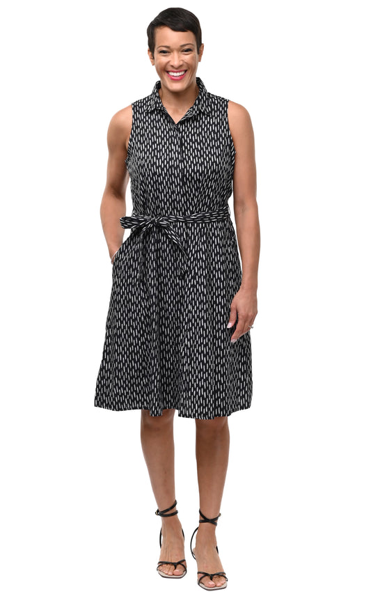 Dress--"Christine", Sleeveless, Cotton, Dash Lines--Black & White (Tulip)