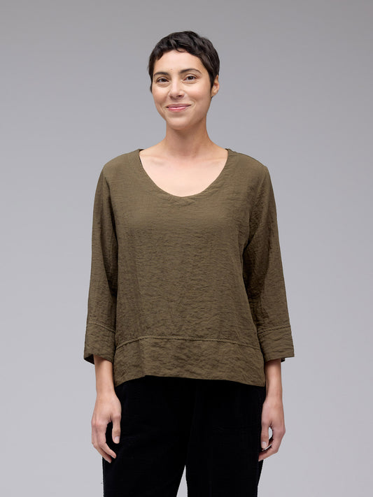 Top---V Neck, 3/4 sleeve, Parachute, "Kelp" (Cut Loose)