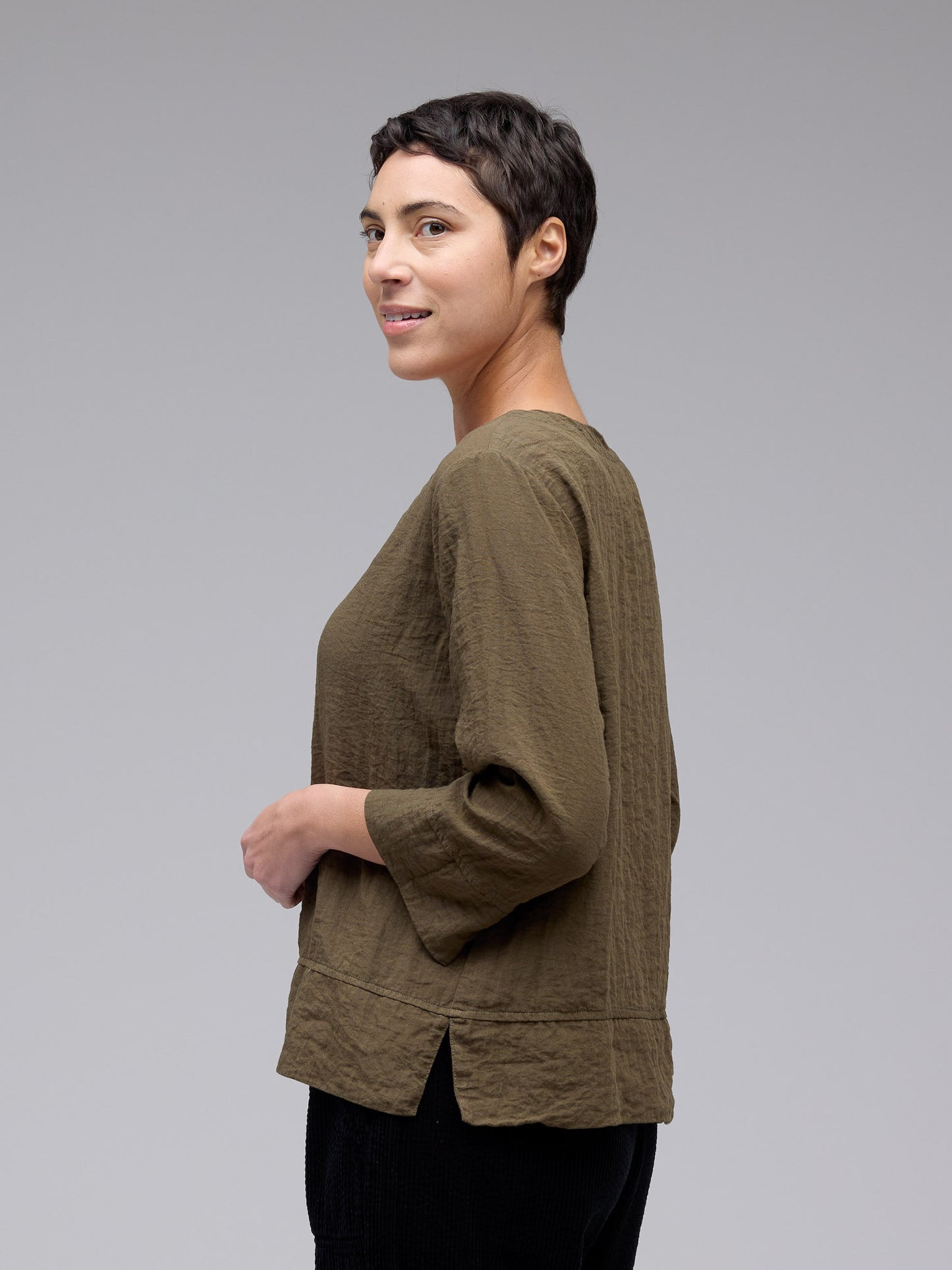 Top---V Neck, 3/4 sleeve, Parachute, "Kelp" (Cut Loose)