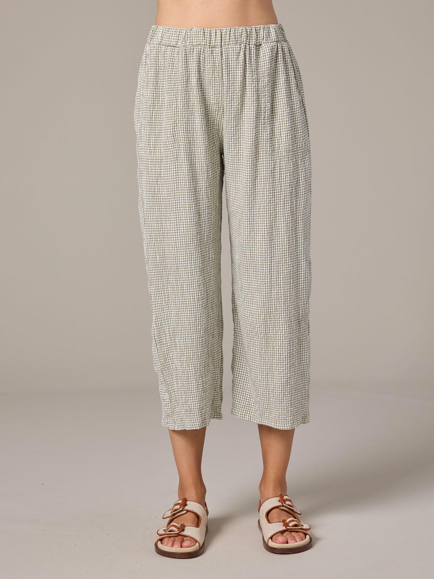 Pants--Easy, Crop, Viscose Blend, Gingham--Overcast (Cut Loose)
