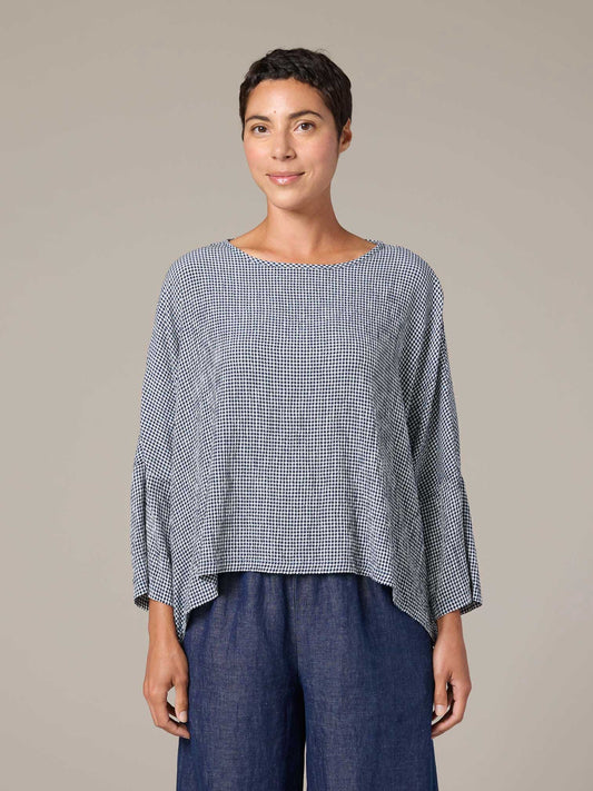 Top--Long sleeved, One size, Viscose Blend, Gingham--Naval (Cut Loose)