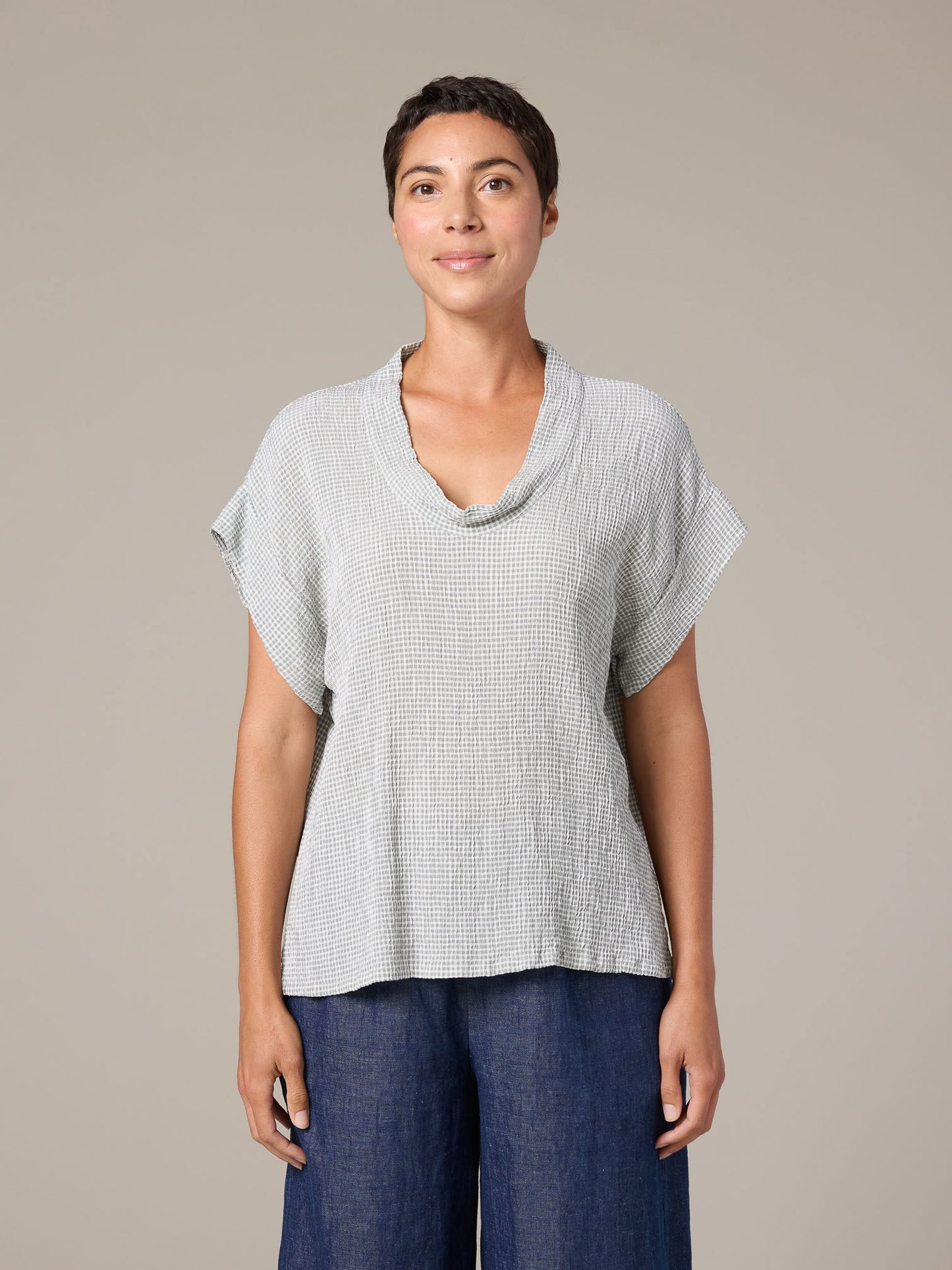 Top--Cowl, Short sleeved, Viscose Blend, Gingham--Overcast (Cut Loose)