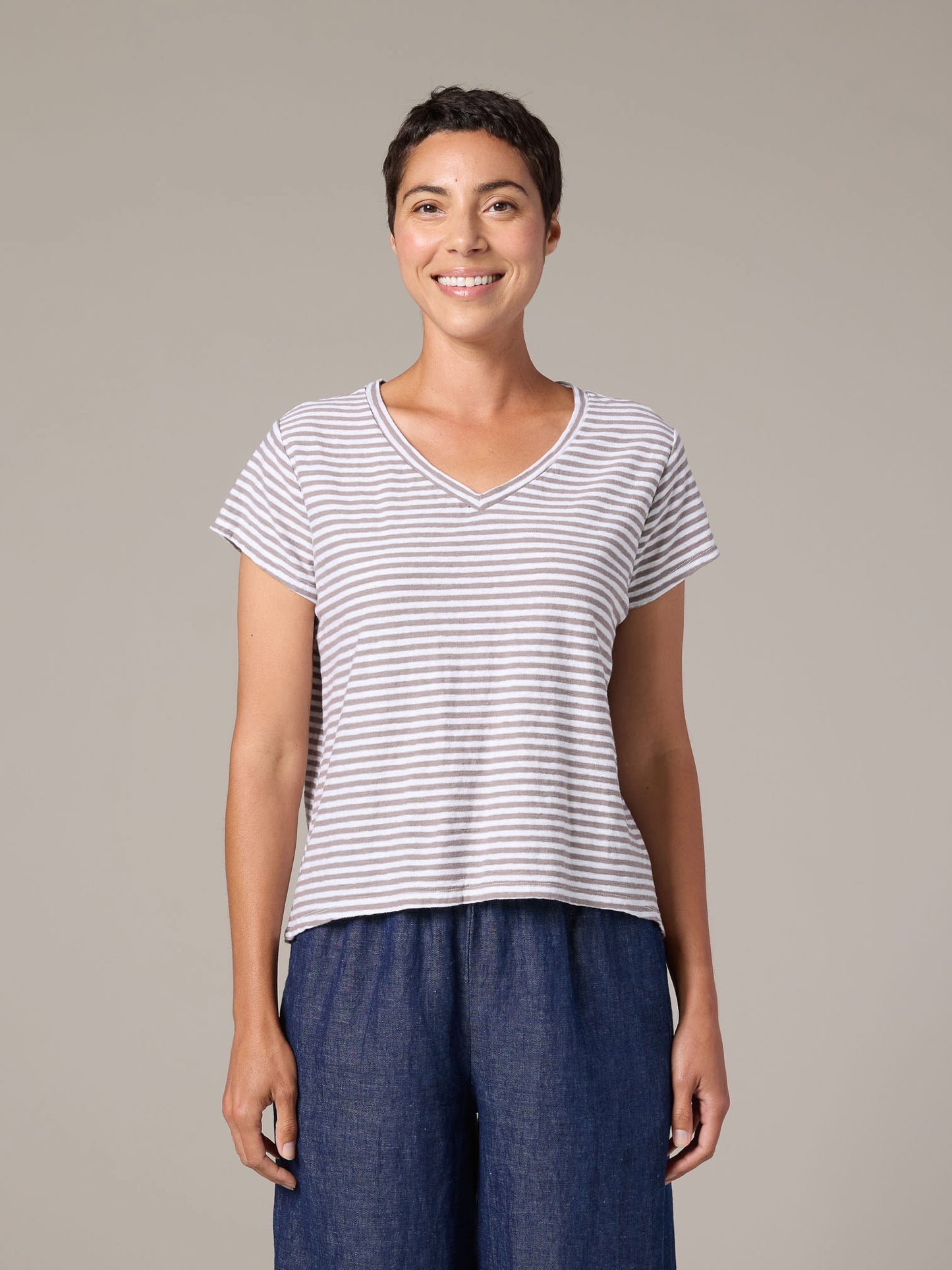 Top--V-Neck, Crop, Short sleeved, Striped--Fountain OR Laundered (Cut Loose)