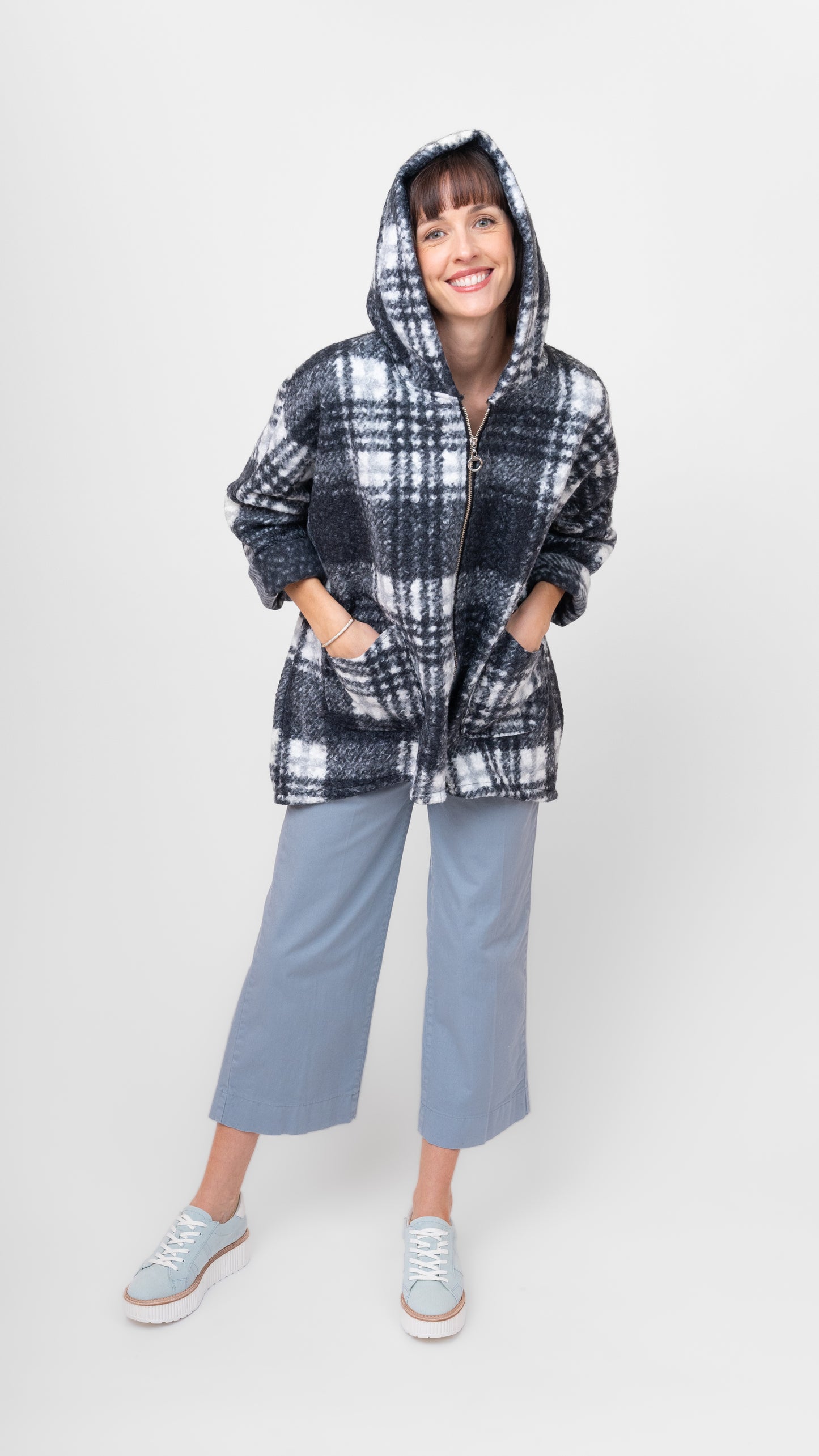 Coat--Zip front, High-Lo, Check--Black & White (Me & Gee)