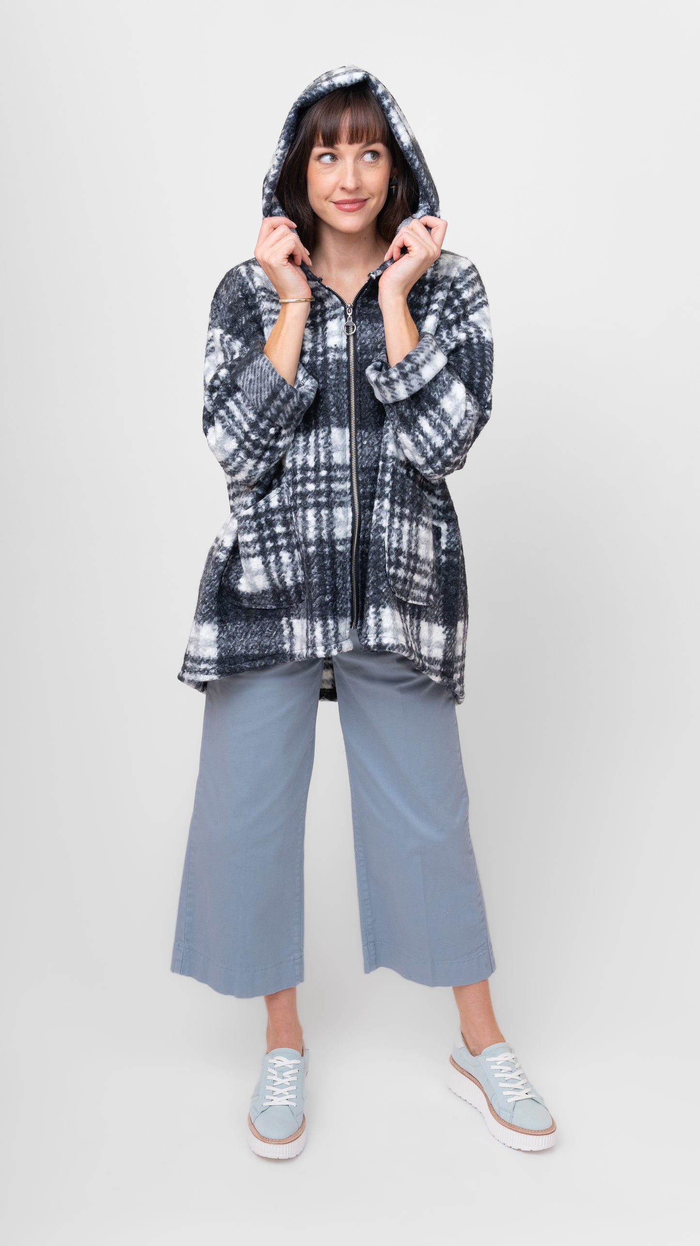 Coat--Zip front, High-Lo, Check--Black & White (Me & Gee)