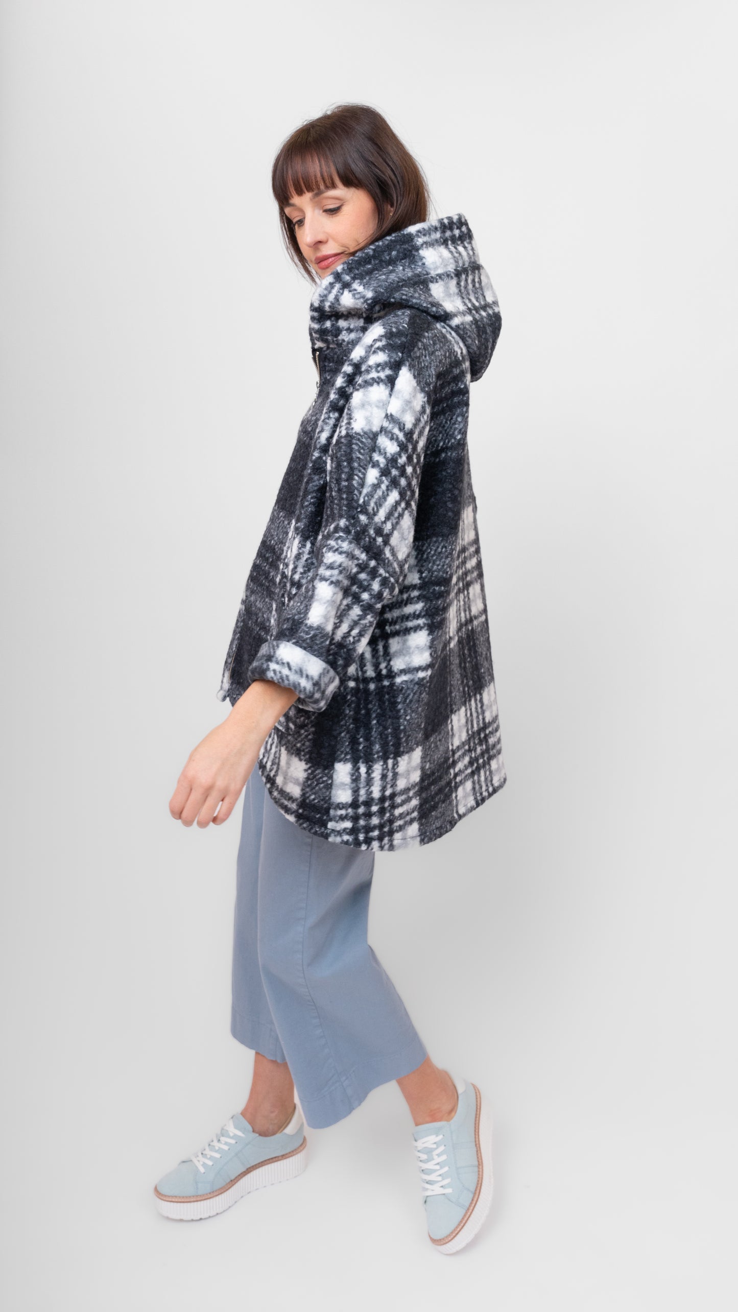 Coat--Zip front, High-Lo, Check--Black & White (Me & Gee)