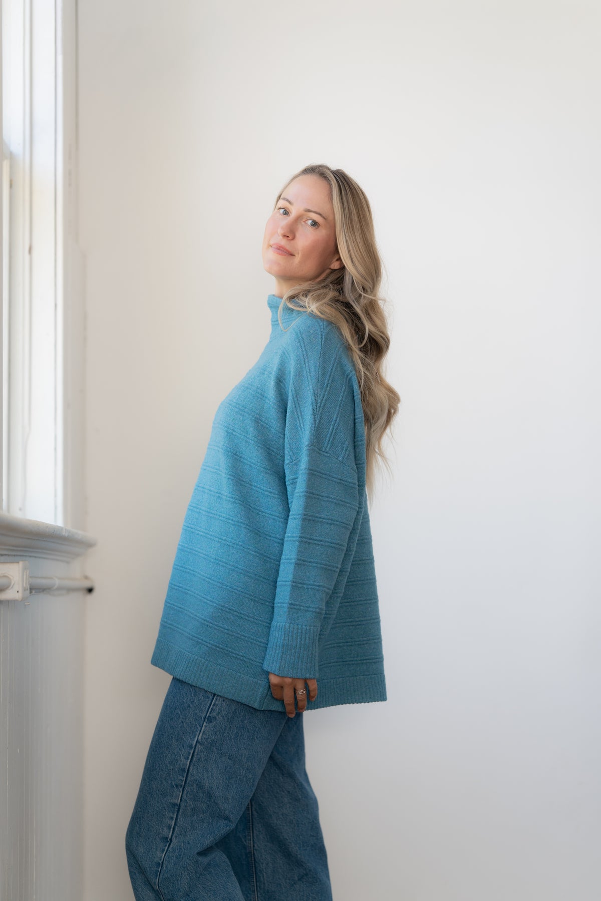 Sweater--"Tao", Tunic, Funnel Neck, Russett OR Azure (Echo Verde)
