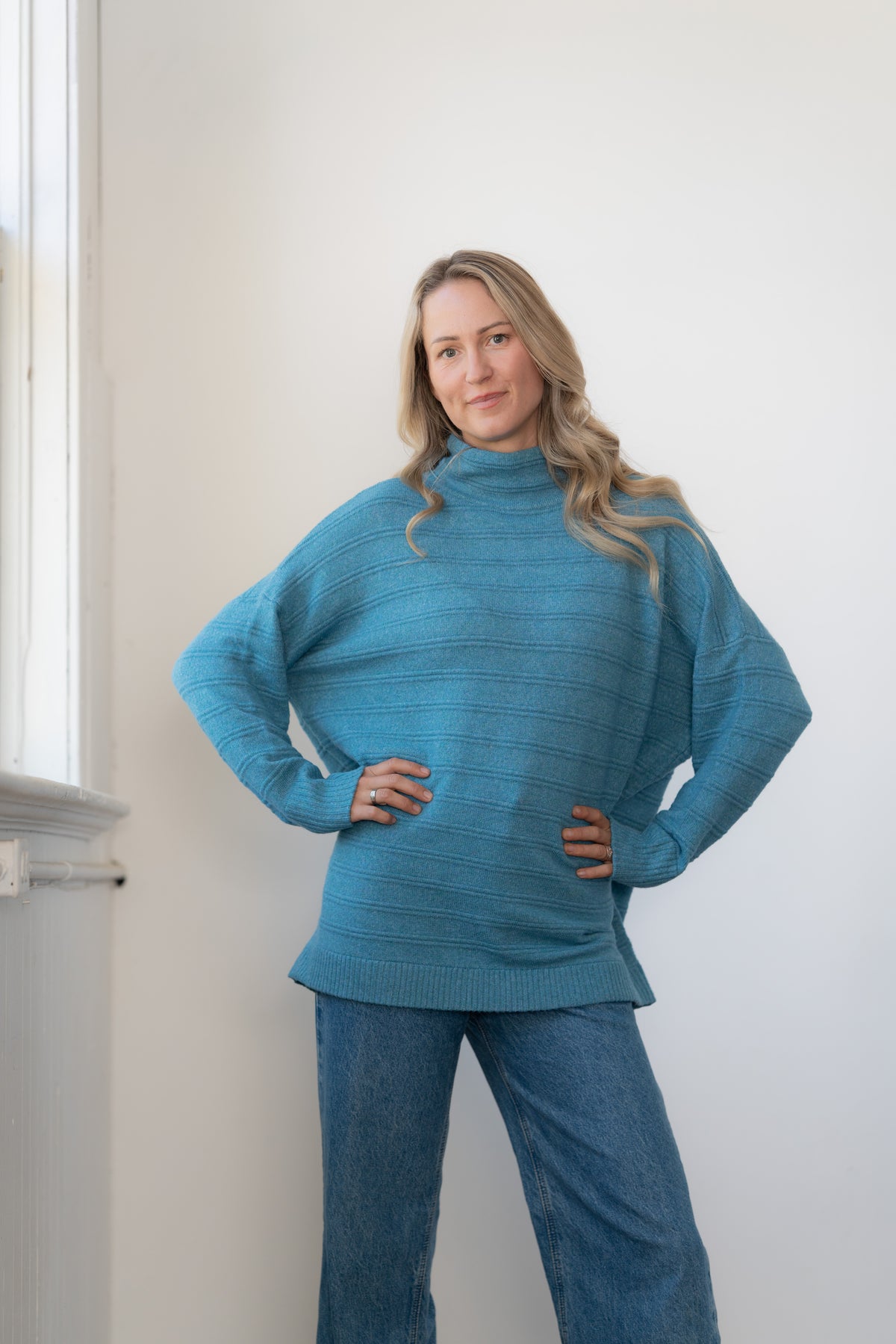 Sweater--"Tao", Tunic, Funnel Neck, Russett OR Azure (Echo Verde)