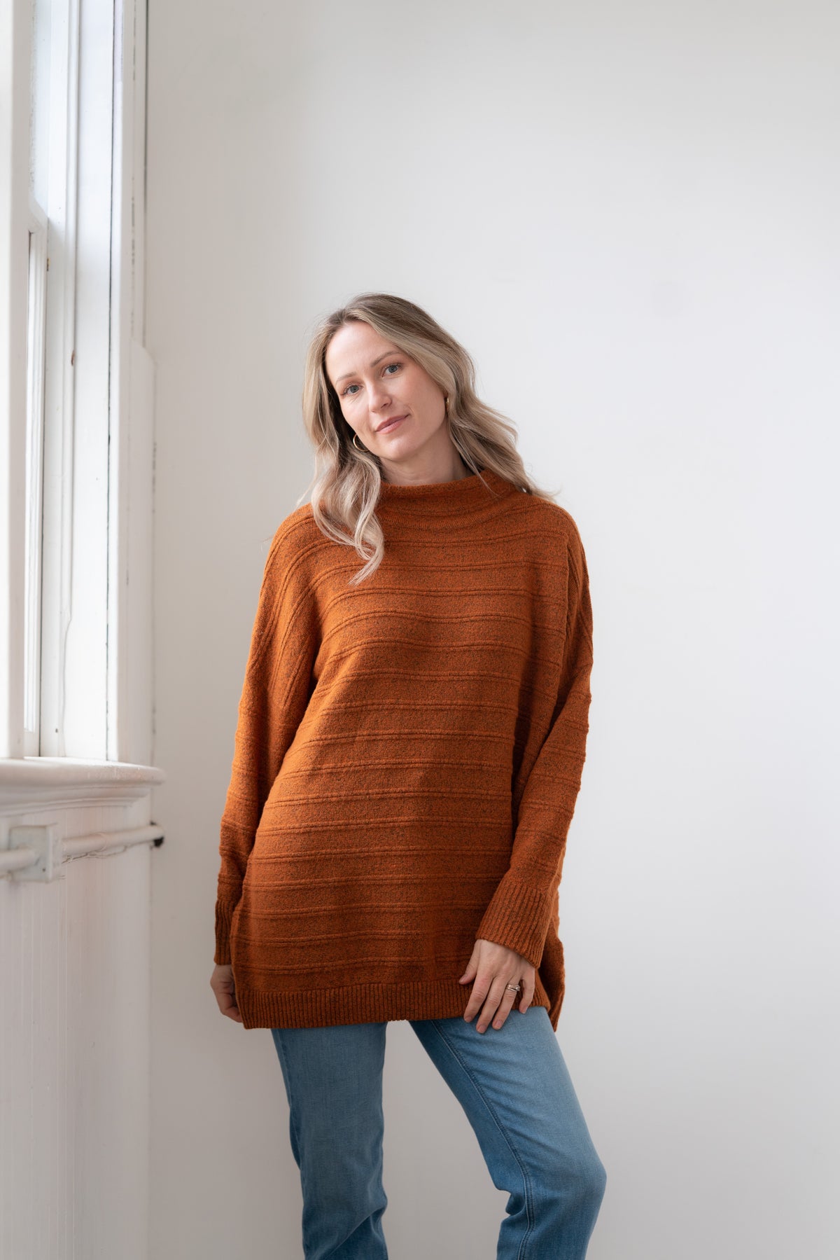 Sweater--"Tao", Tunic, Funnel Neck, Russett OR Azure (Echo Verde)