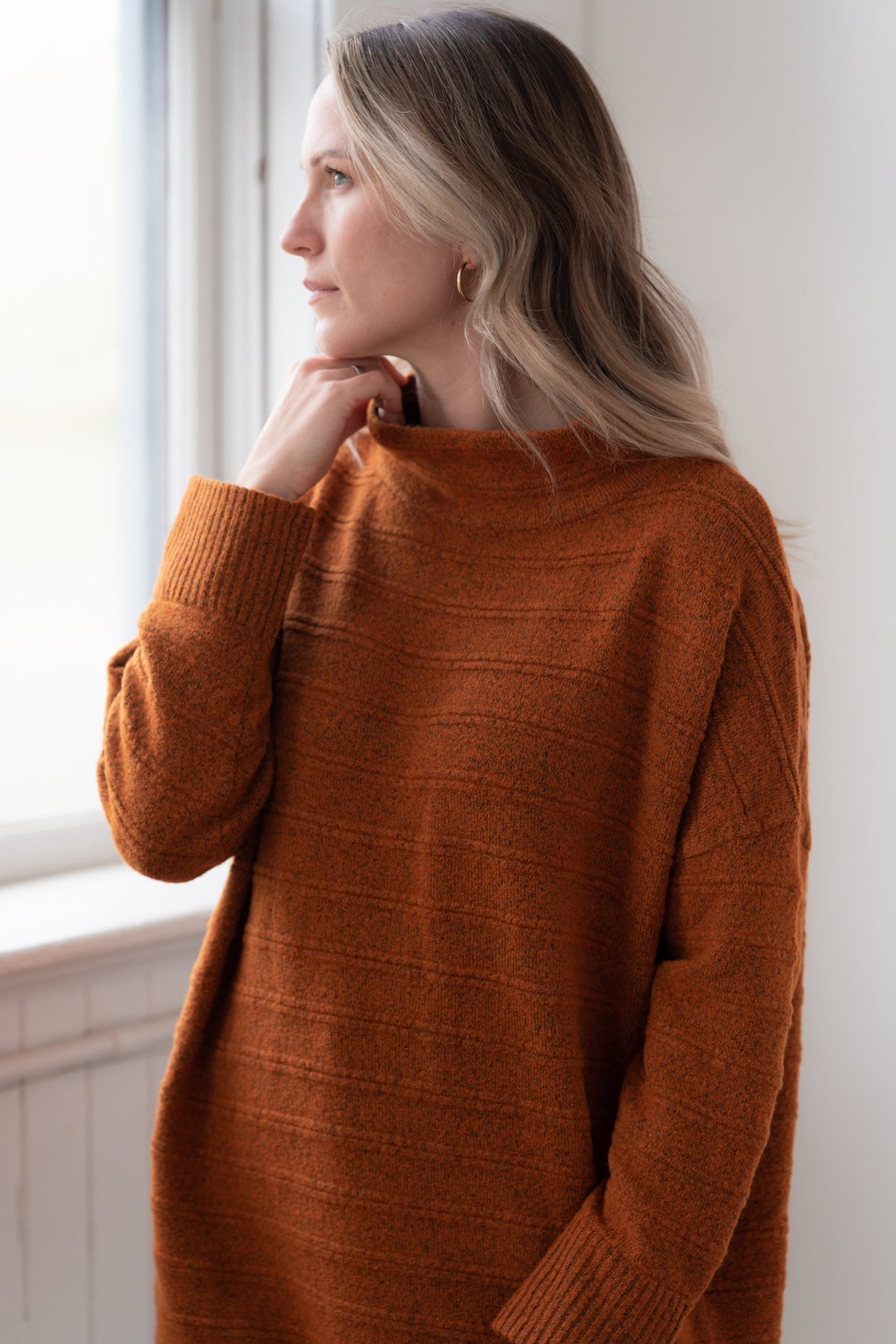 Sweater--"Tao", Tunic, Funnel Neck, Russett OR Azure (Echo Verde)