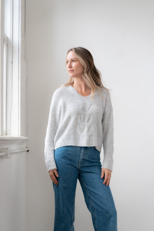 Sweater--"Grace", V Neck, Cable, Tea Rose OR Cloud (Echo Verde)