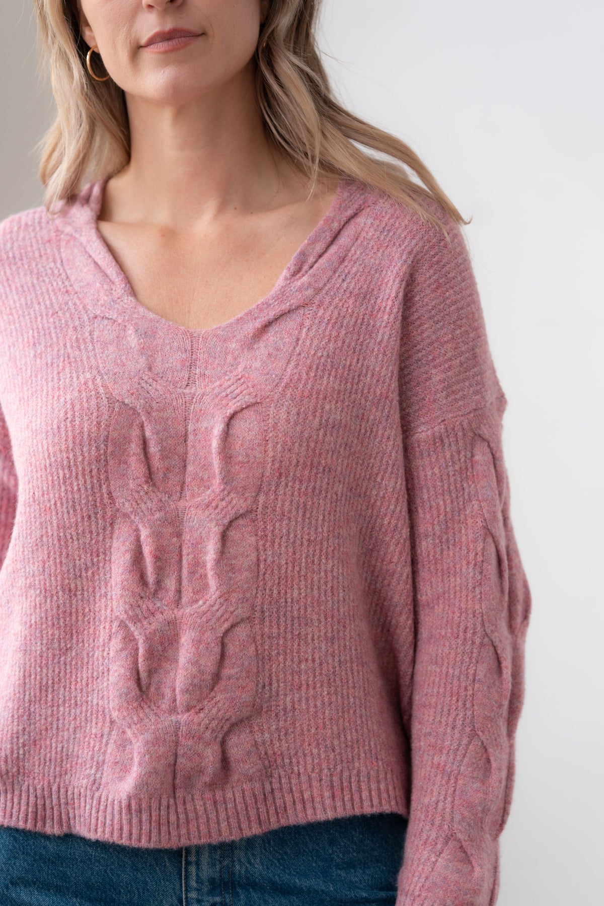 Sweater--"Grace", V Neck, Cable, Tea Rose OR Cloud (Echo Verde)