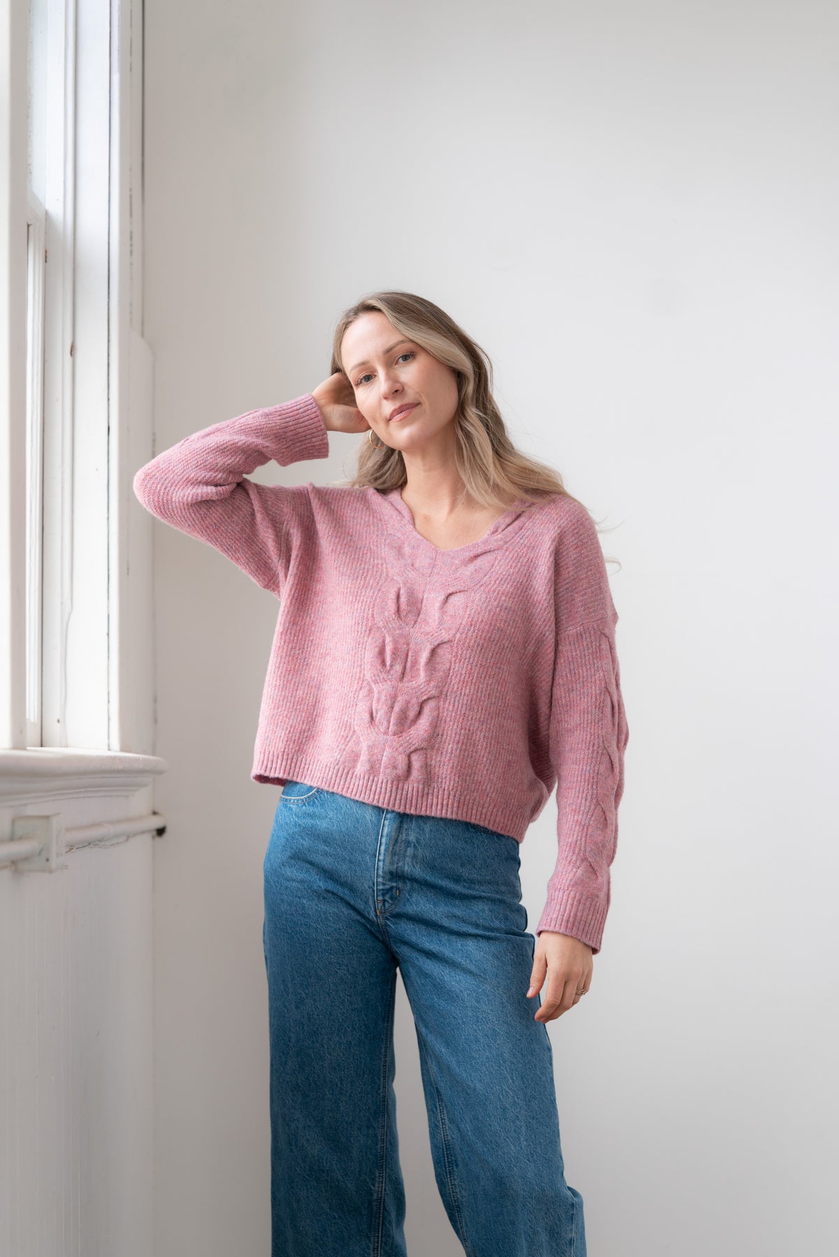 Sweater--"Grace", V Neck, Cable, Tea Rose OR Cloud (Echo Verde)