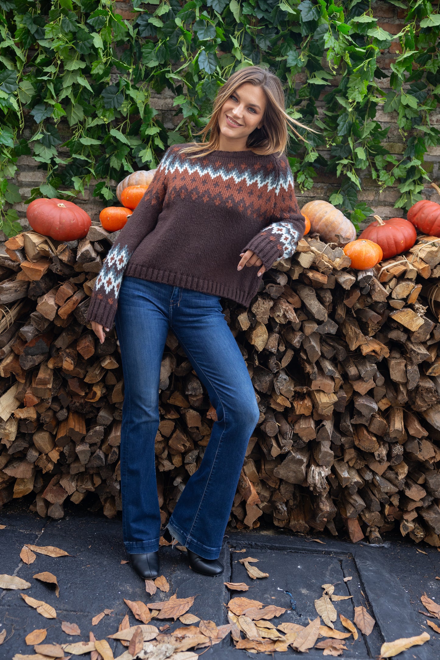 Sweater--"Jaxon Fair Isle", Raglan, Chunky Knit, Brown-Black Multi (Wooden Ships)
