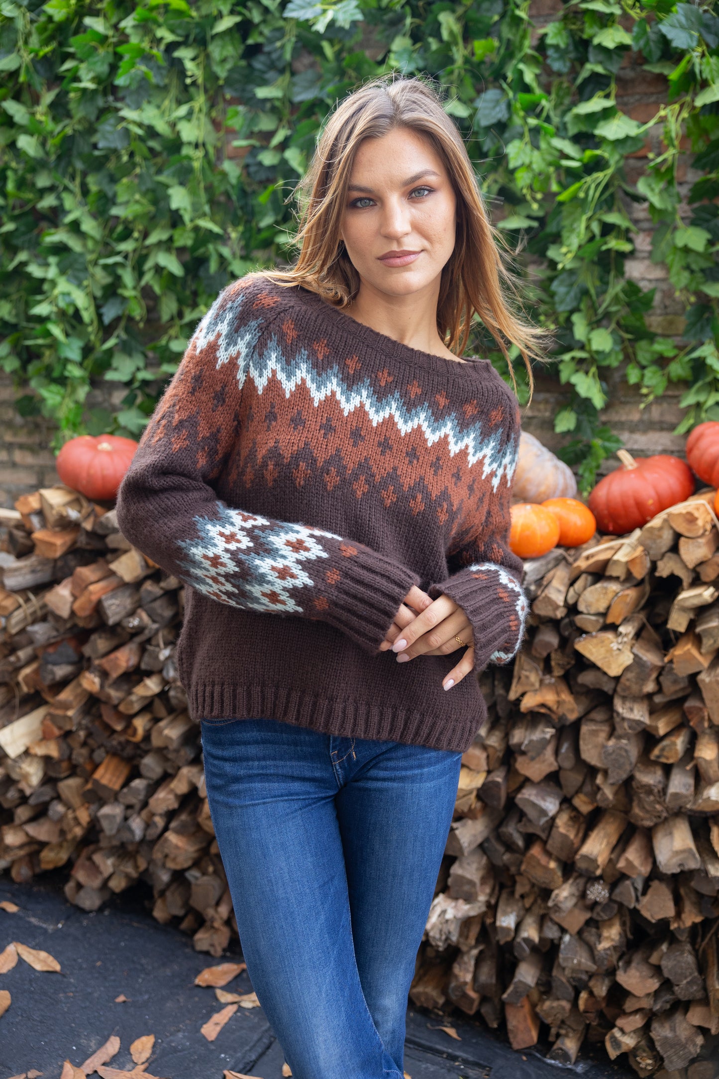Sweater--"Jaxon Fair Isle", Raglan, Chunky Knit, Brown-Black Multi (Wooden Ships)