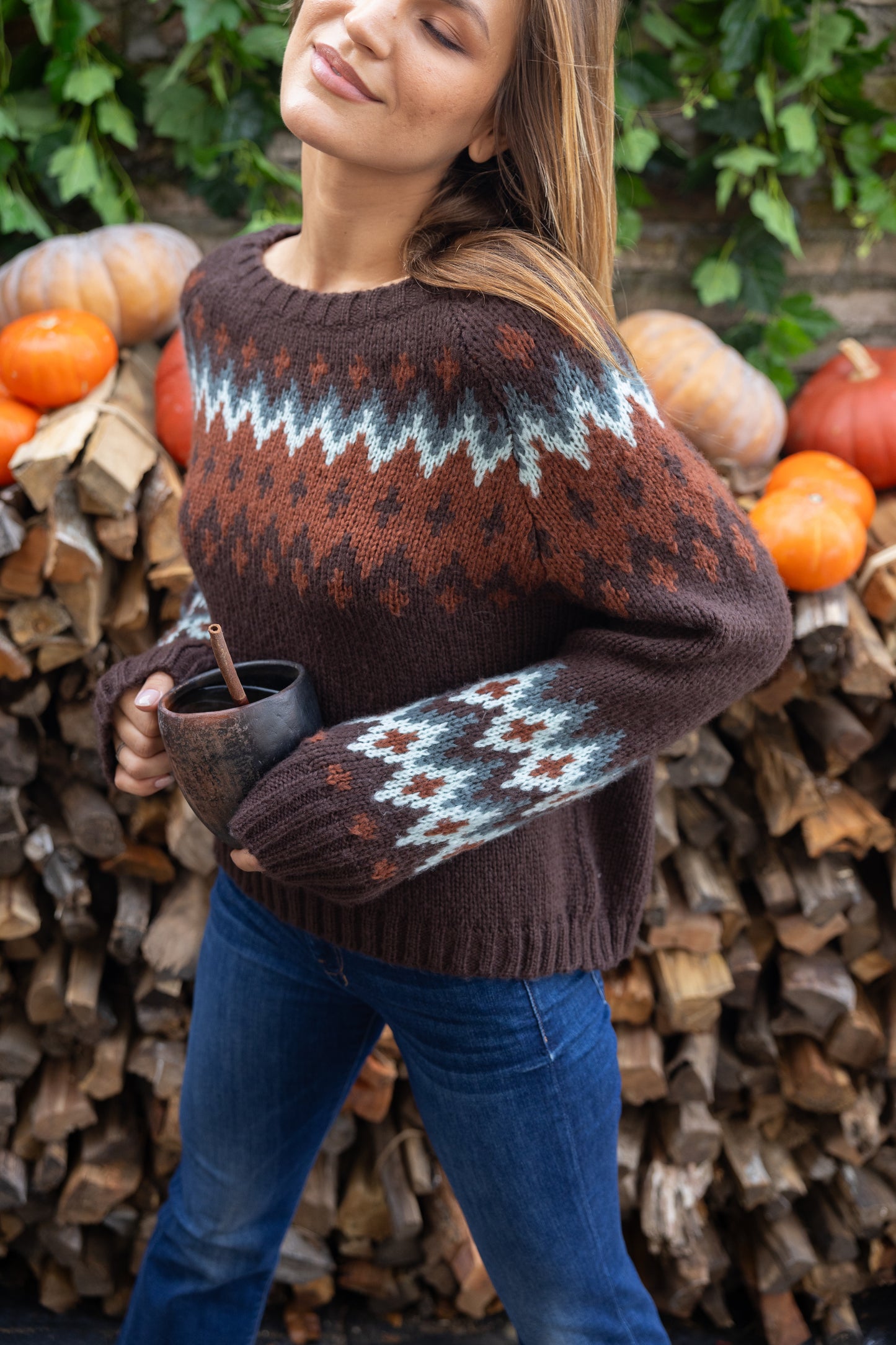Sweater--"Jaxon Fair Isle", Raglan, Chunky Knit, Brown-Black Multi (Wooden Ships)