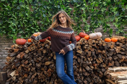 Sweater--"Jaxon Fair Isle", Raglan, Chunky Knit, Brown-Black Multi (Wooden Ships)