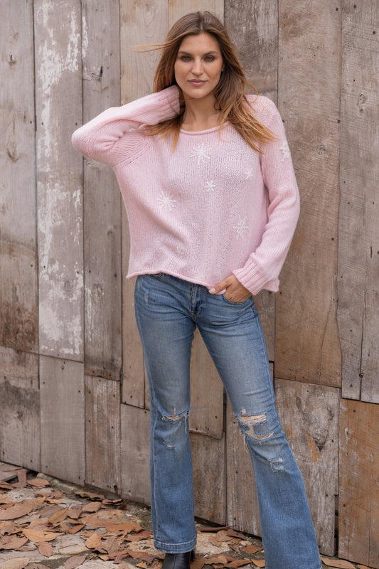 Sweater--Mini Snowflakes, Chunky Knit, Wool-Mohair-Acrylic, Sky Blue (Wooden Ships)