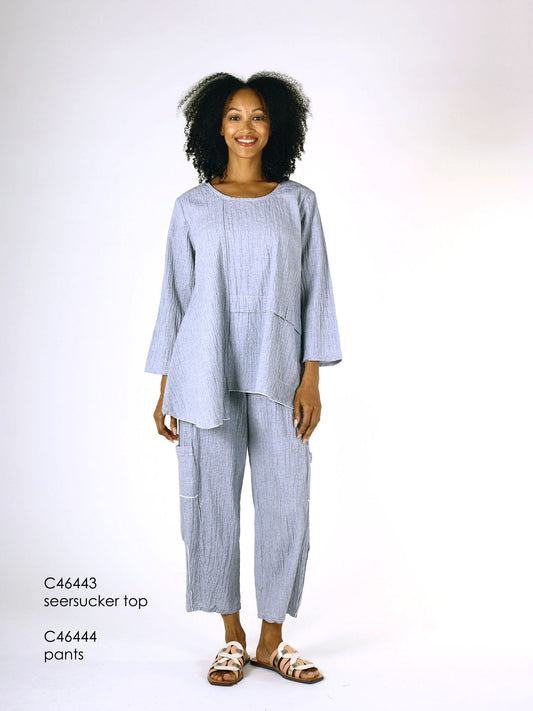 Top--Asymetrical, Puckered, Grey-Navy & White Striped (Fenini)