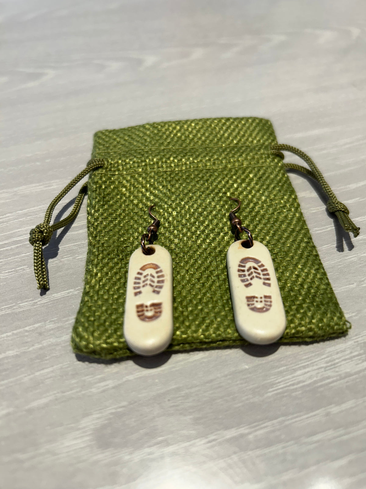 Earrings--Dangle, Ceramic, Hiking Shoe Prints (Sticks and Stones)
