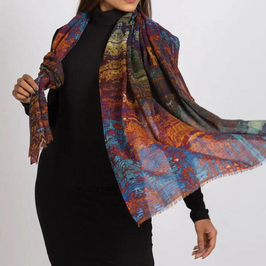 Shawl/Scarf--"Reena", Wool, Abstract Jewel Tones (Sevya Handmade)