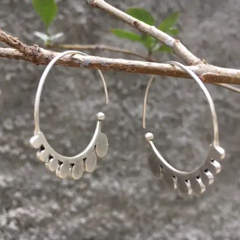 Earrings--"Petal", Hoop-style, Silver-Plated Pewter & Brass (Volare)
