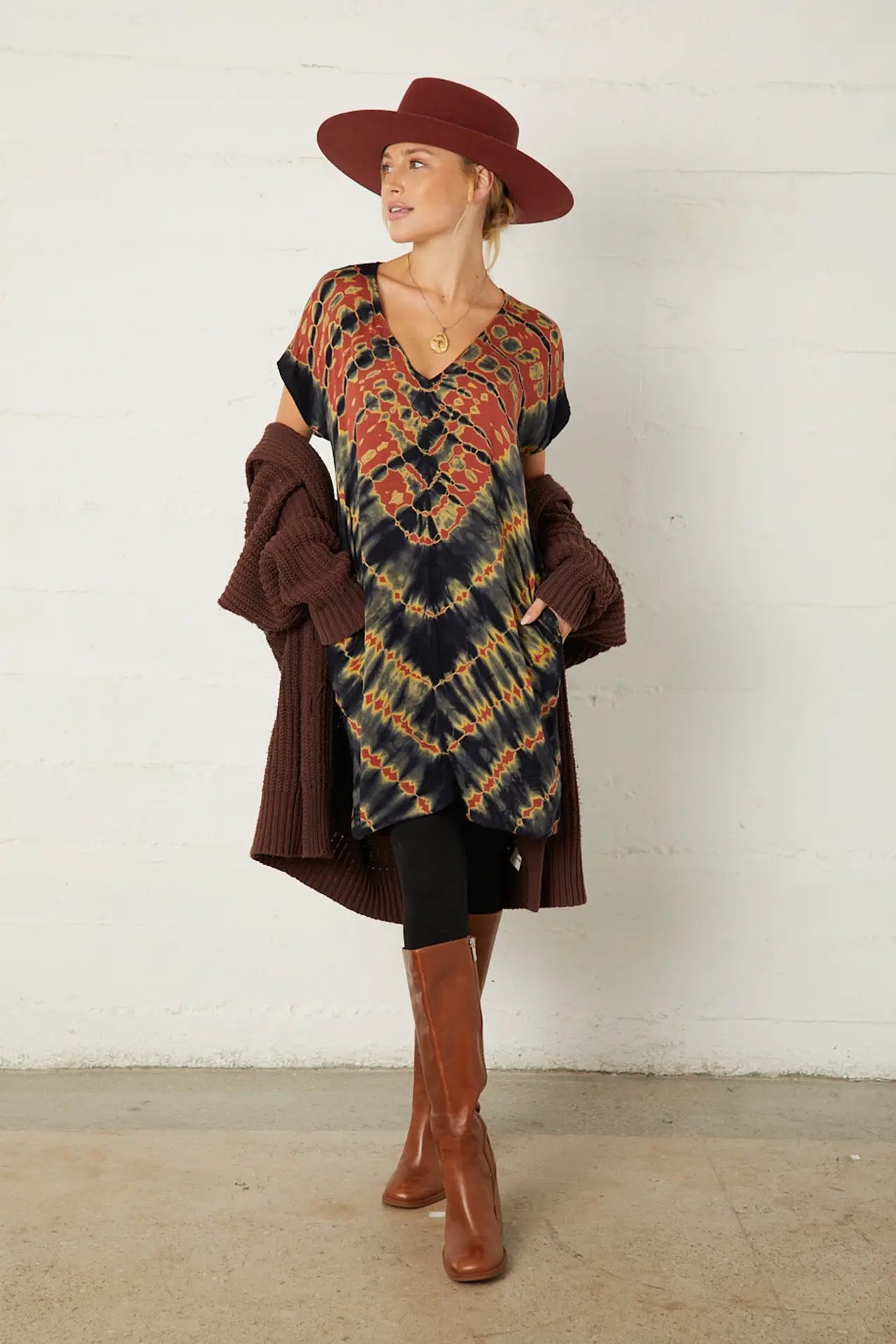 Dress--"Brooklyn--Tiger's Eye", Cocoon-Shape, Tie-Dye, Rust/Charcoal/Navy (River + Sky)
