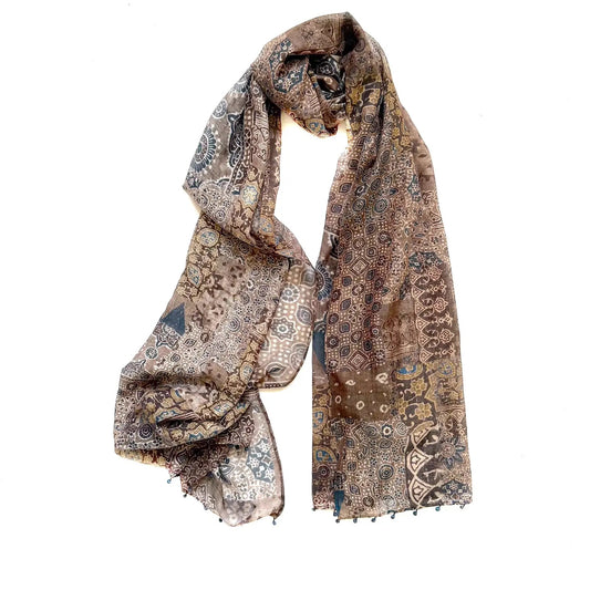 Scarf--Black Print, Cotton-Silk, Earth Browns/Indigo/Off White (Marigold Row)