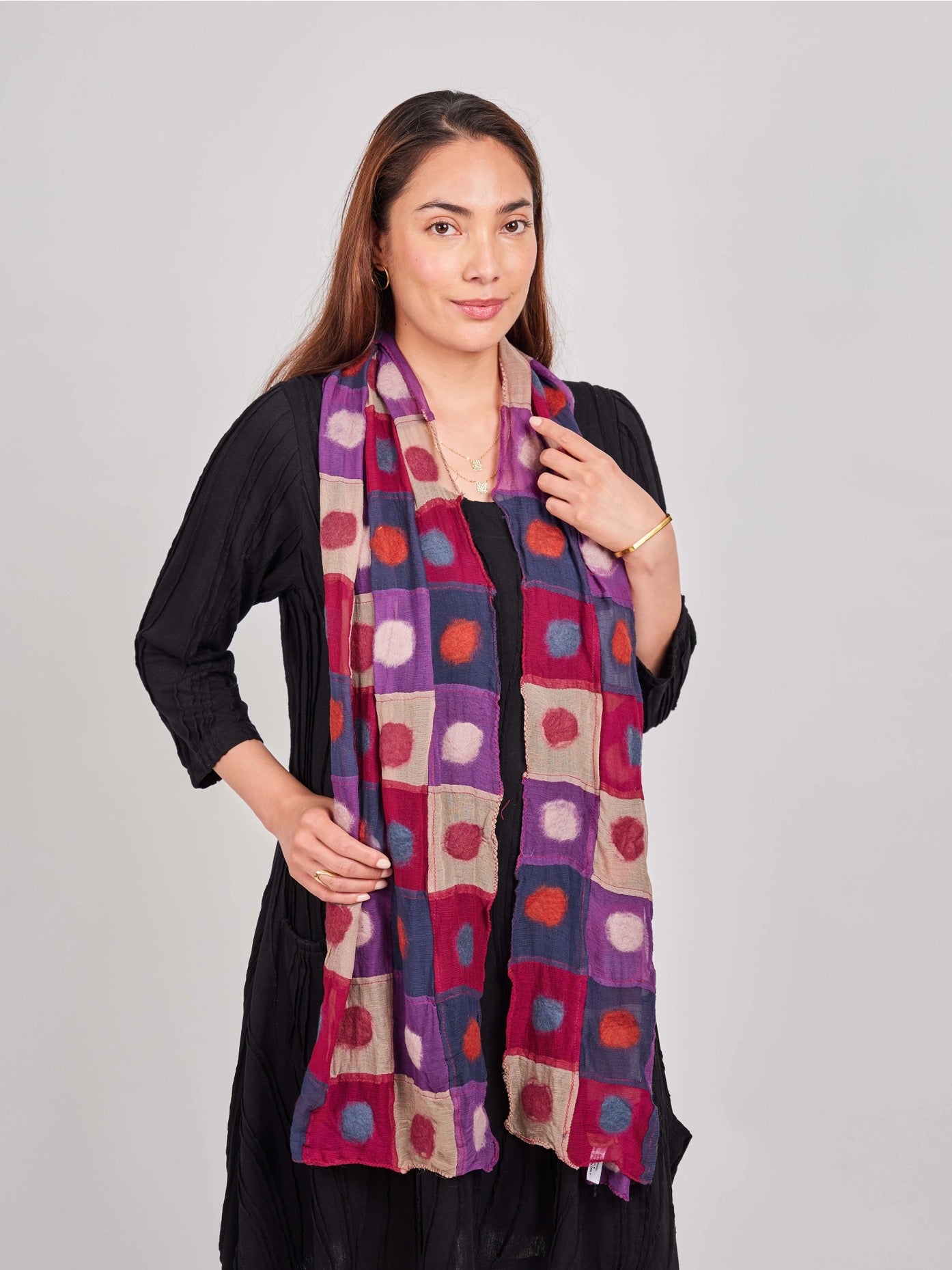 Scarf--"Polka Dots in Squares", Felted Wool & Silk, 3 Versions (Windhorse)