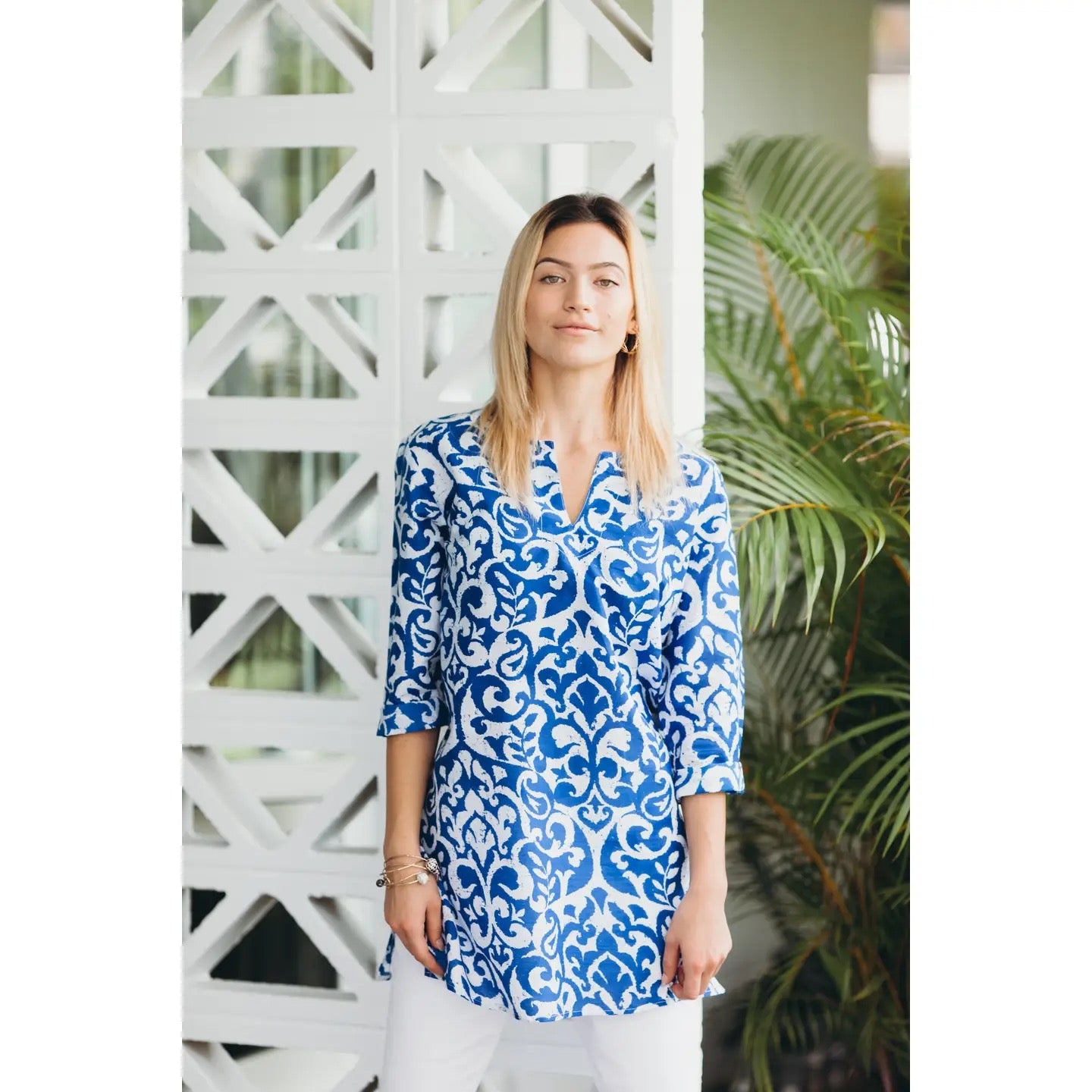 Tunic--Cotton, Batik, Floral, Mykonos Blue (KikiSol)