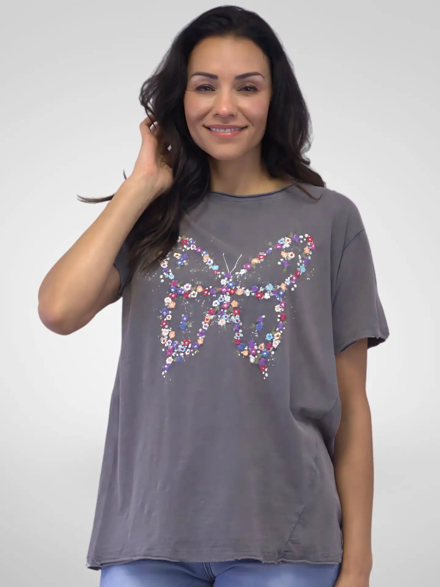 Shirt--"Estelle", Tee, Short-Sleeved, Butterfly, Heather Grey (Caite & Kyla SEO)
